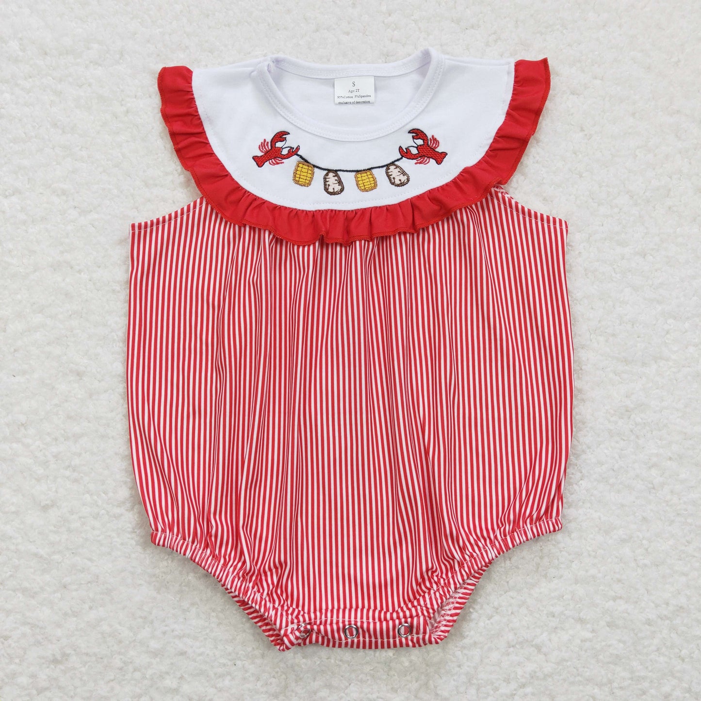 SR0741 Embroidery Crayfish red striped flutter sleeve girls romper
