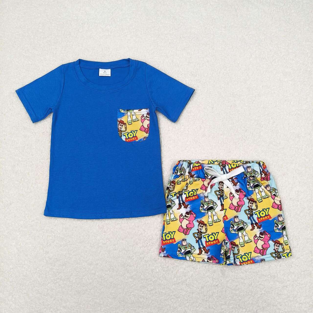 BSSO0833 cartoon toy baby blue pocket short sleeve colorful shorts boys set