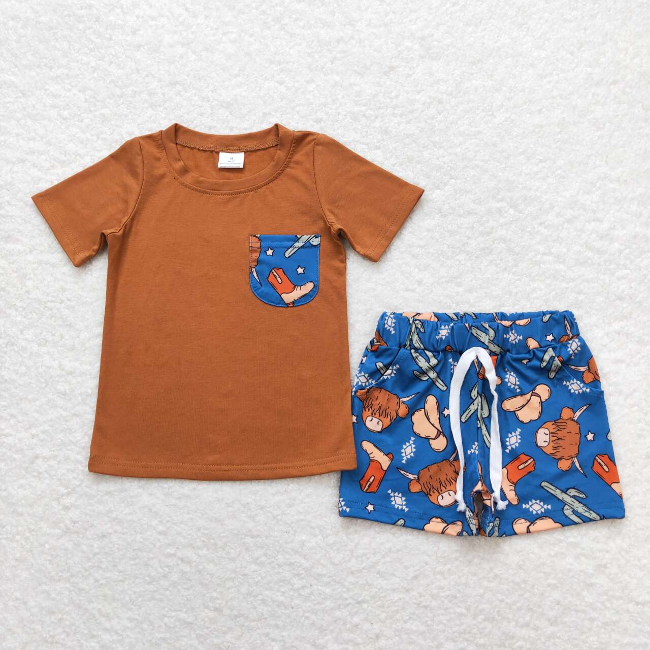 BSSO0542 Western Highland Cow Pocket Brown Short Sleeve Blue Shorts Boys Set