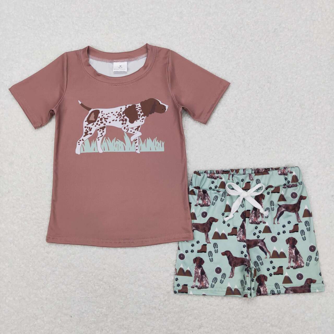 BSSO0335 Hunting dog brown short sleeve green shorts boys set