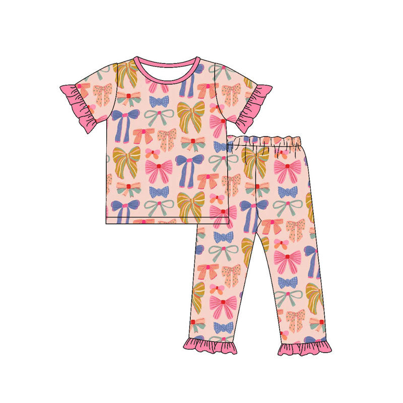 custom moq 5 colorful bows pink short sleeve pants girls pajamas