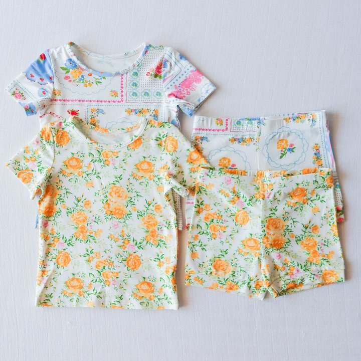 preorder GSSO1303 yellow flowers short sleeve shorts girls pajamas