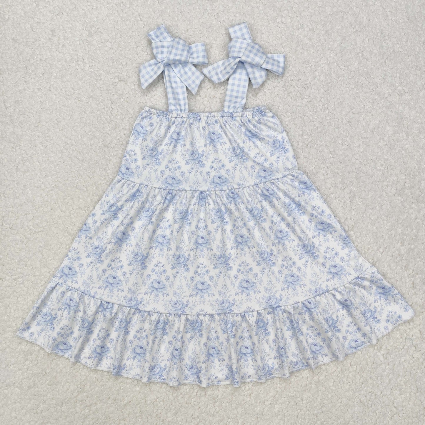 GSD1660 Blue Flowers Checkered Lace-up Girls Dress