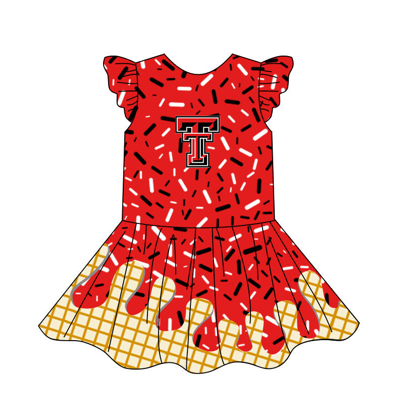 Custom Moq 5 Football Team T red ice printing flutter sleeve girls dress