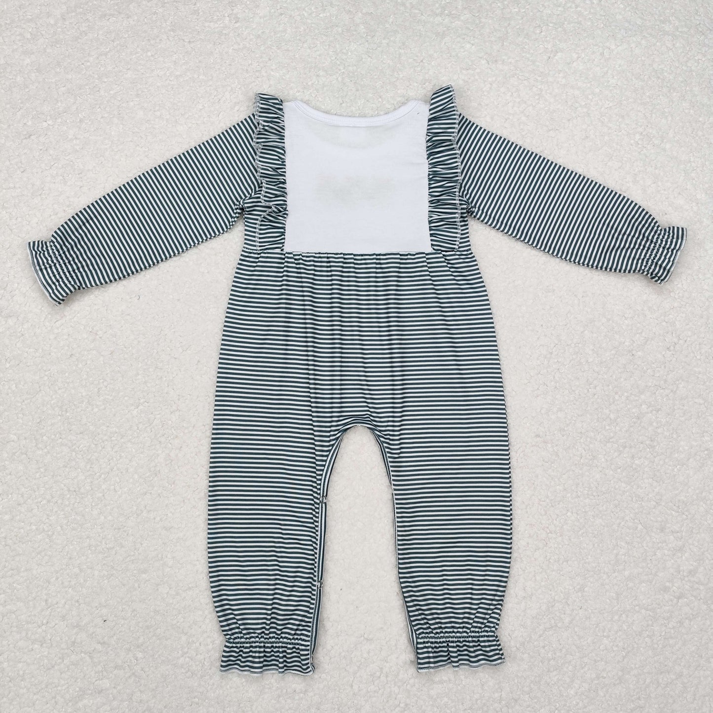 embroidery LR1587 Christmas tree green striped long sleeve girls romper