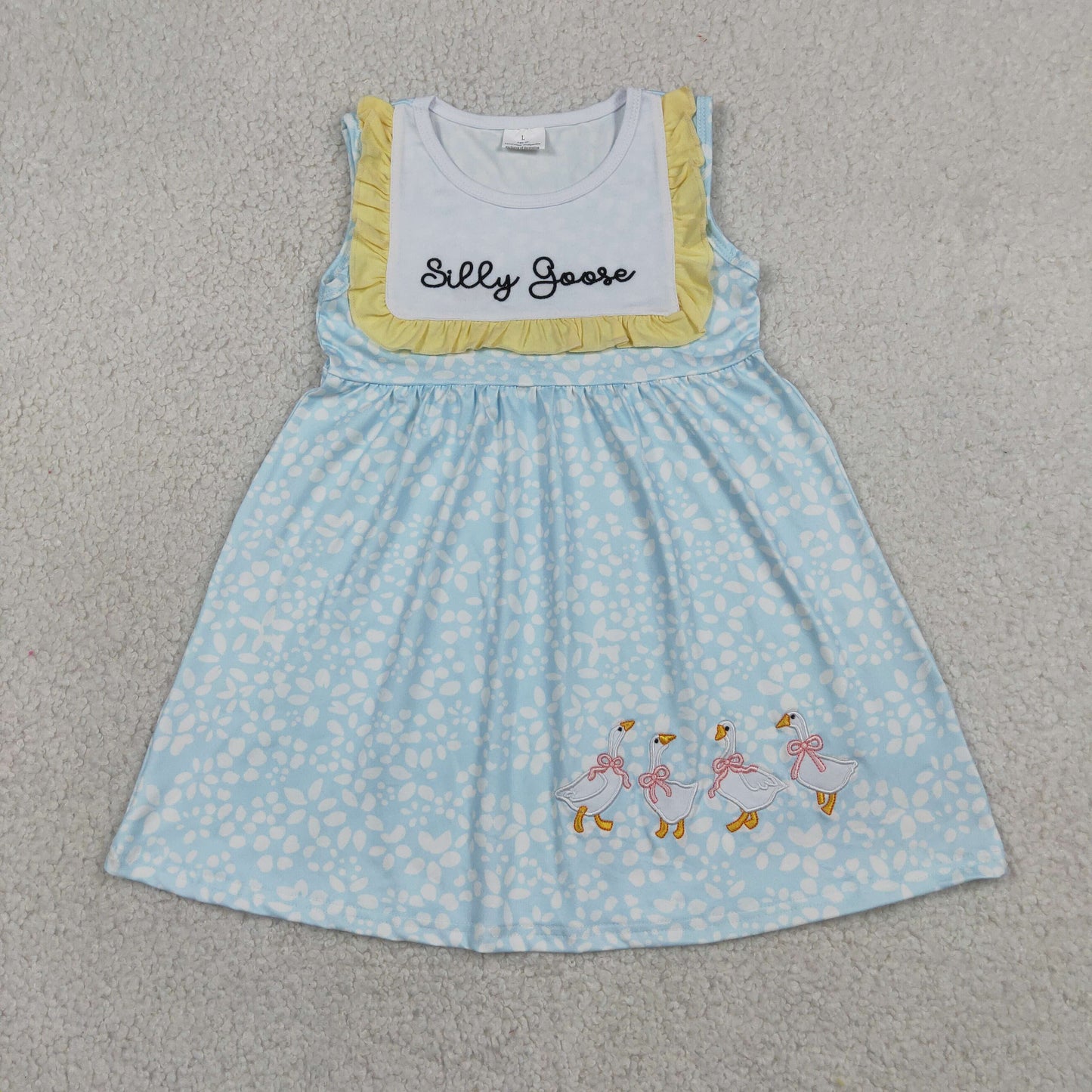 Embroidery GSD2970 silly goose bows blue flowers girls dress