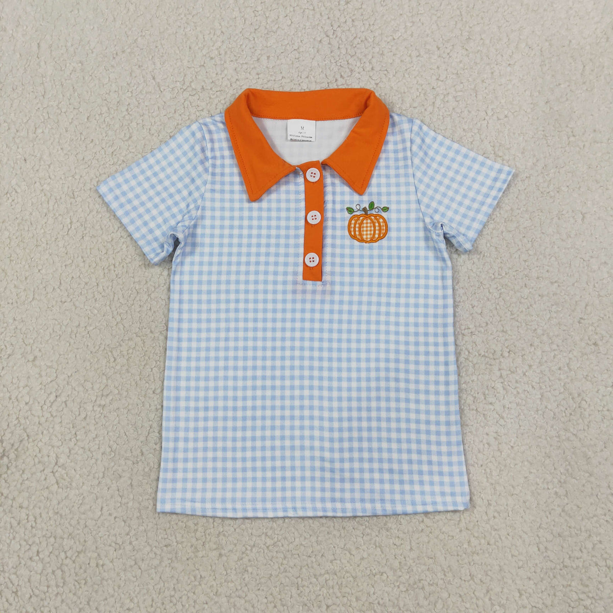 Embroidery BT1891 Pumpkin Blue Checkered Short Sleeve Boys Top