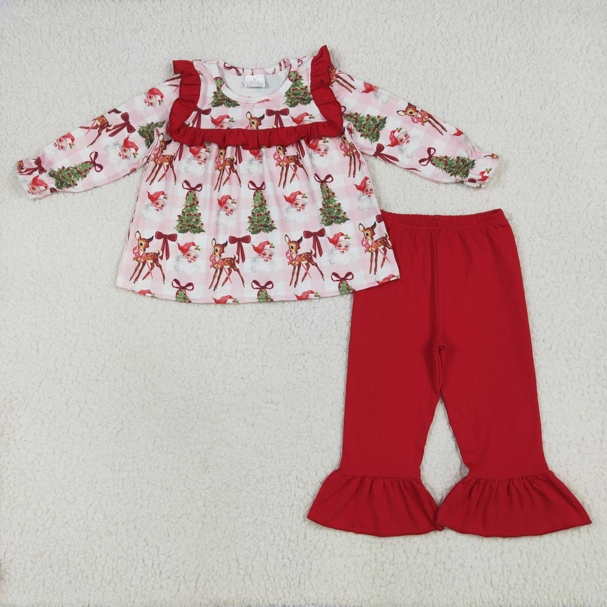 GLP2419 Christmas Santa tree bows long sleeve red pants girls set