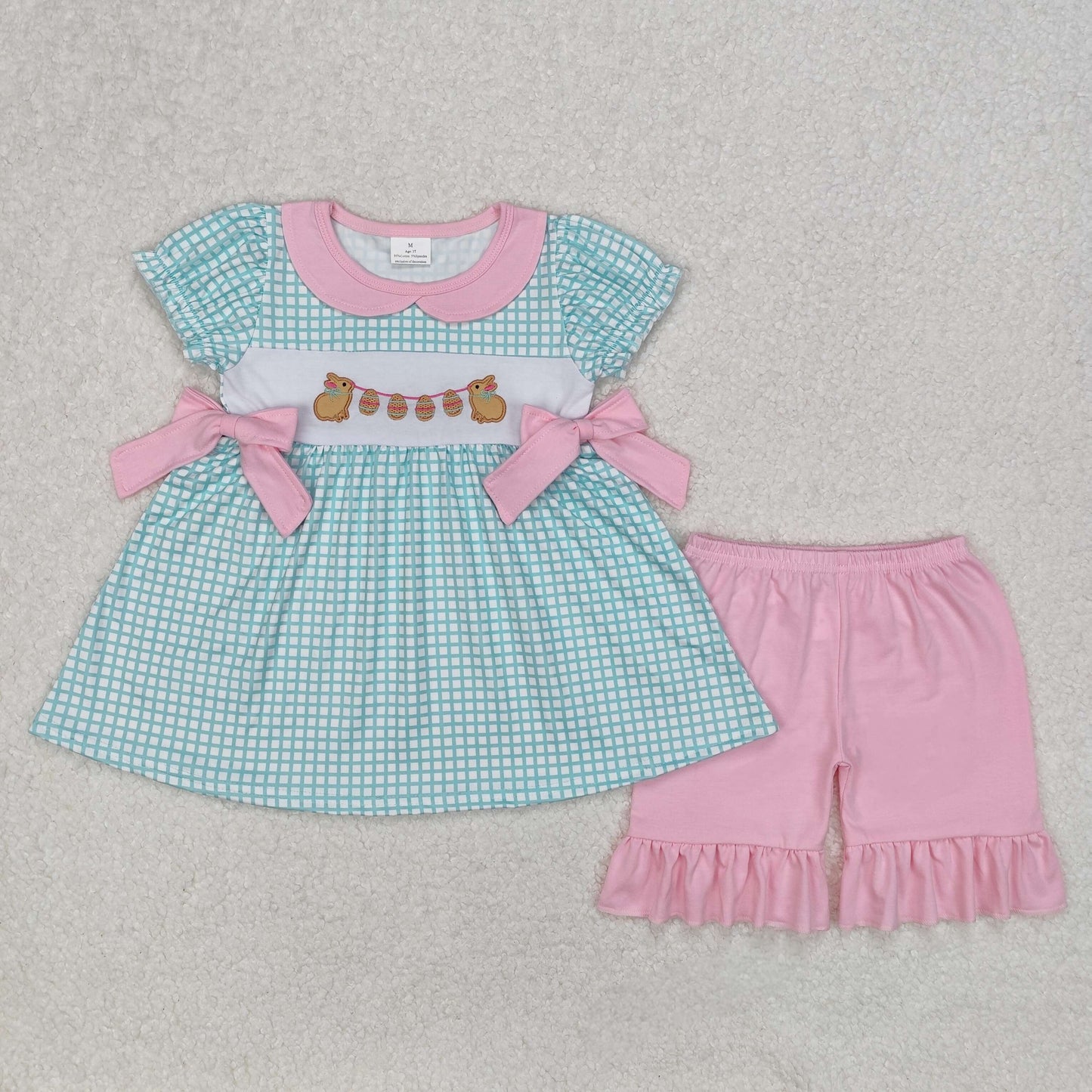 embroidery GSSO1882 Easter bunny rabbit egg bows mint color checkered short sleeve pink shorts girls set