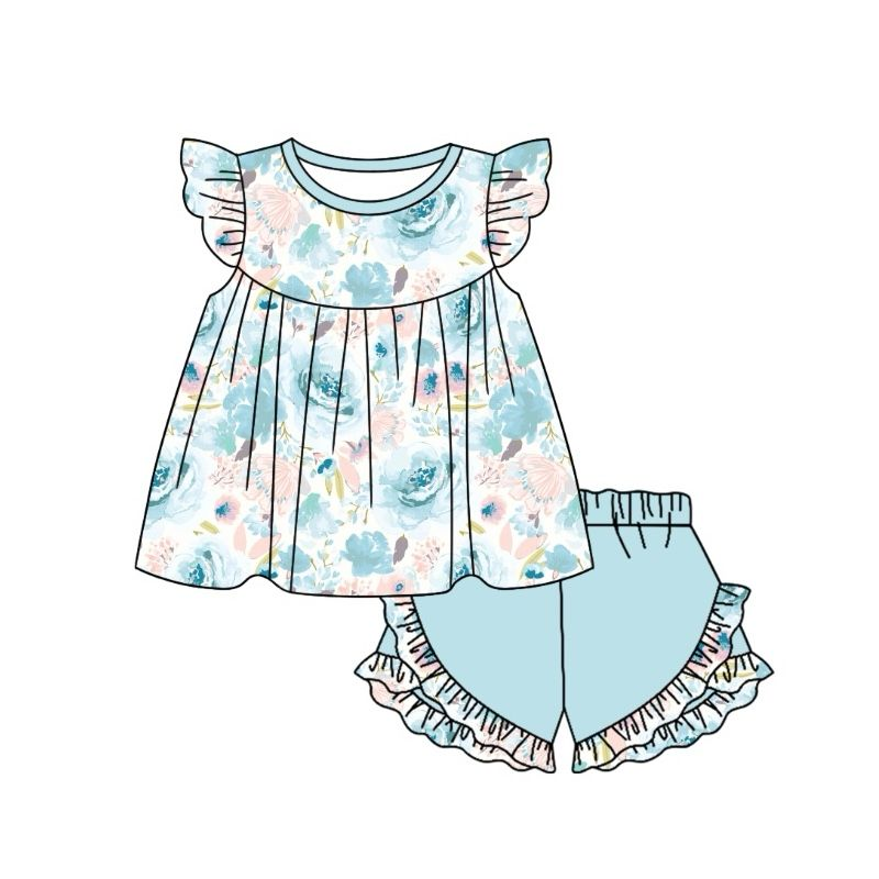 preorder GSSO1511 colorful flowers blue flutter sleeve blue ruffles shorts girls set