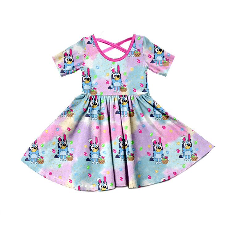 custom Cartoon dog purple short sleeve girls dress