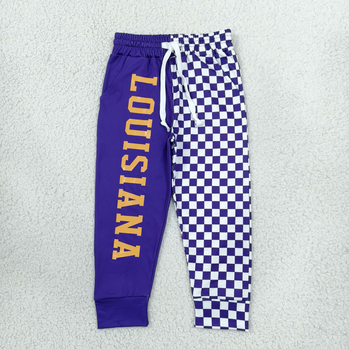 P1061 Offset Printing LOUISIANA Purple Checkered Boys Pants