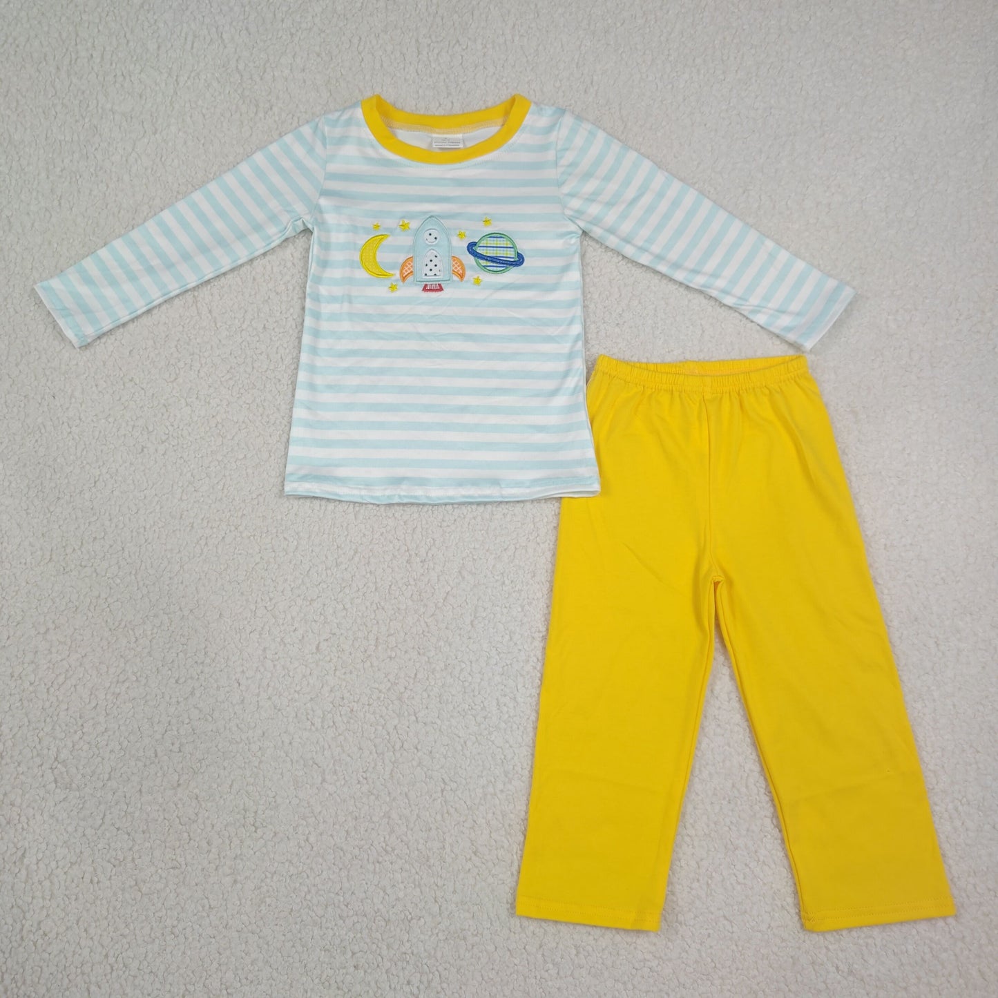 Embroidery BLP1455 Cartoon Moon Blue Striped Long Sleeve Yellow Pants Boys Set