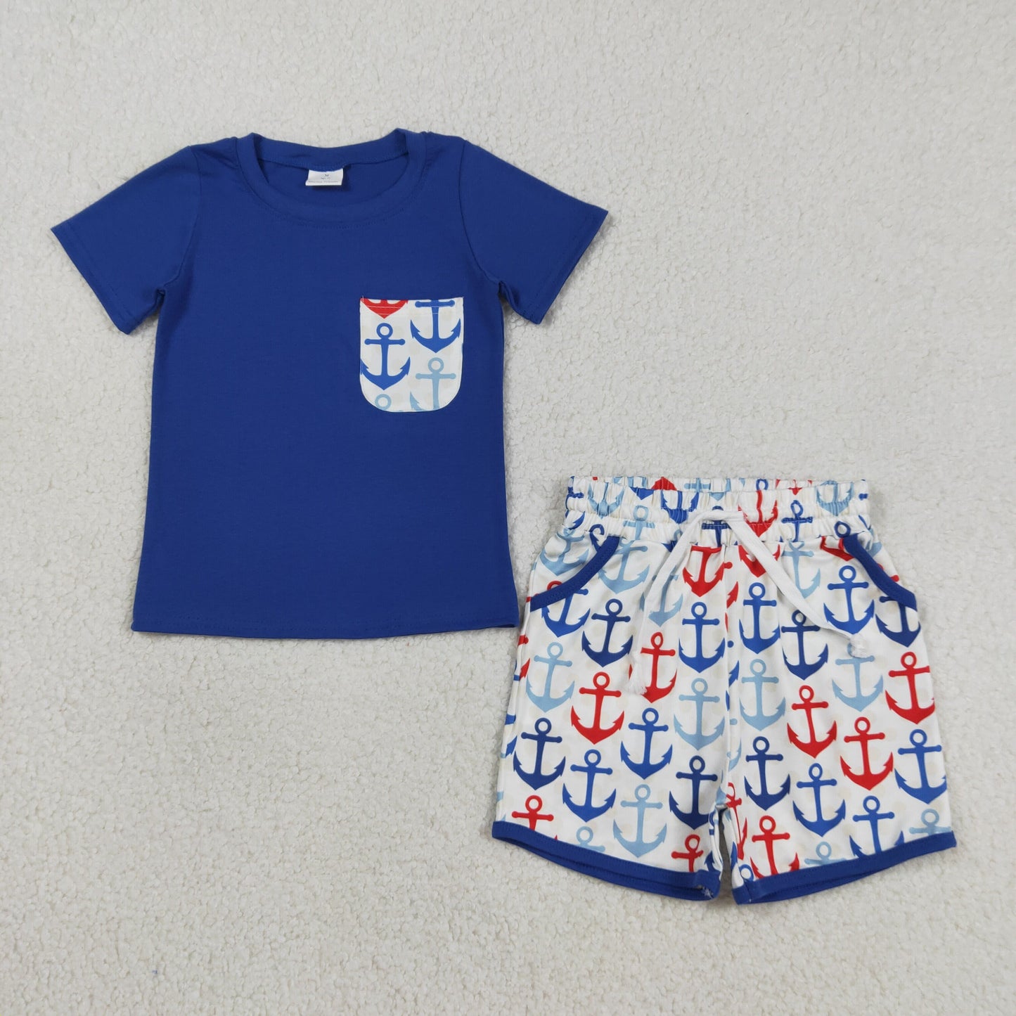 BSSO1874 July 4th Anchor Pocket Navy Blue Short Sleeve Shorts Boys Set