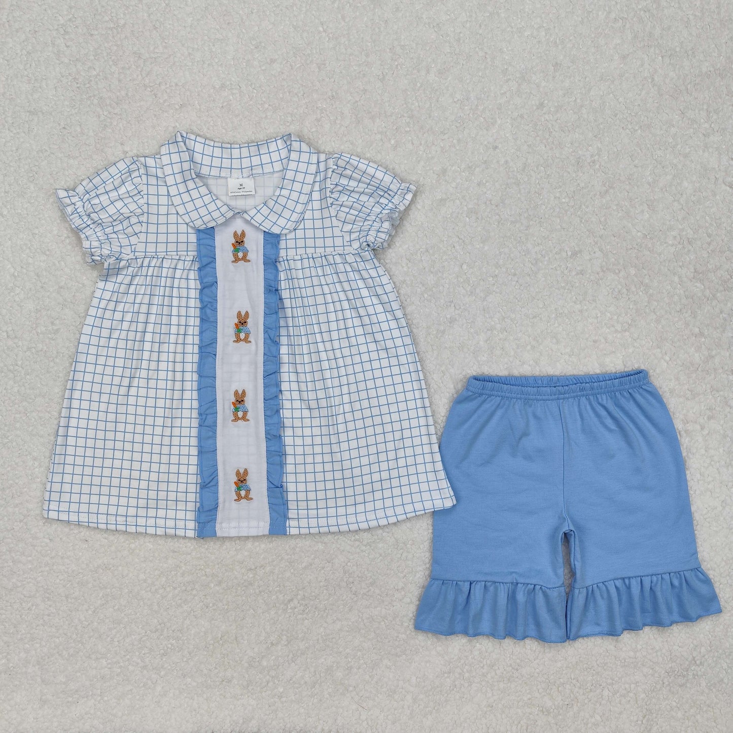 embroidery GSSO1583 Easter bunny rabbit checkered short sleeve blue shorts girls set