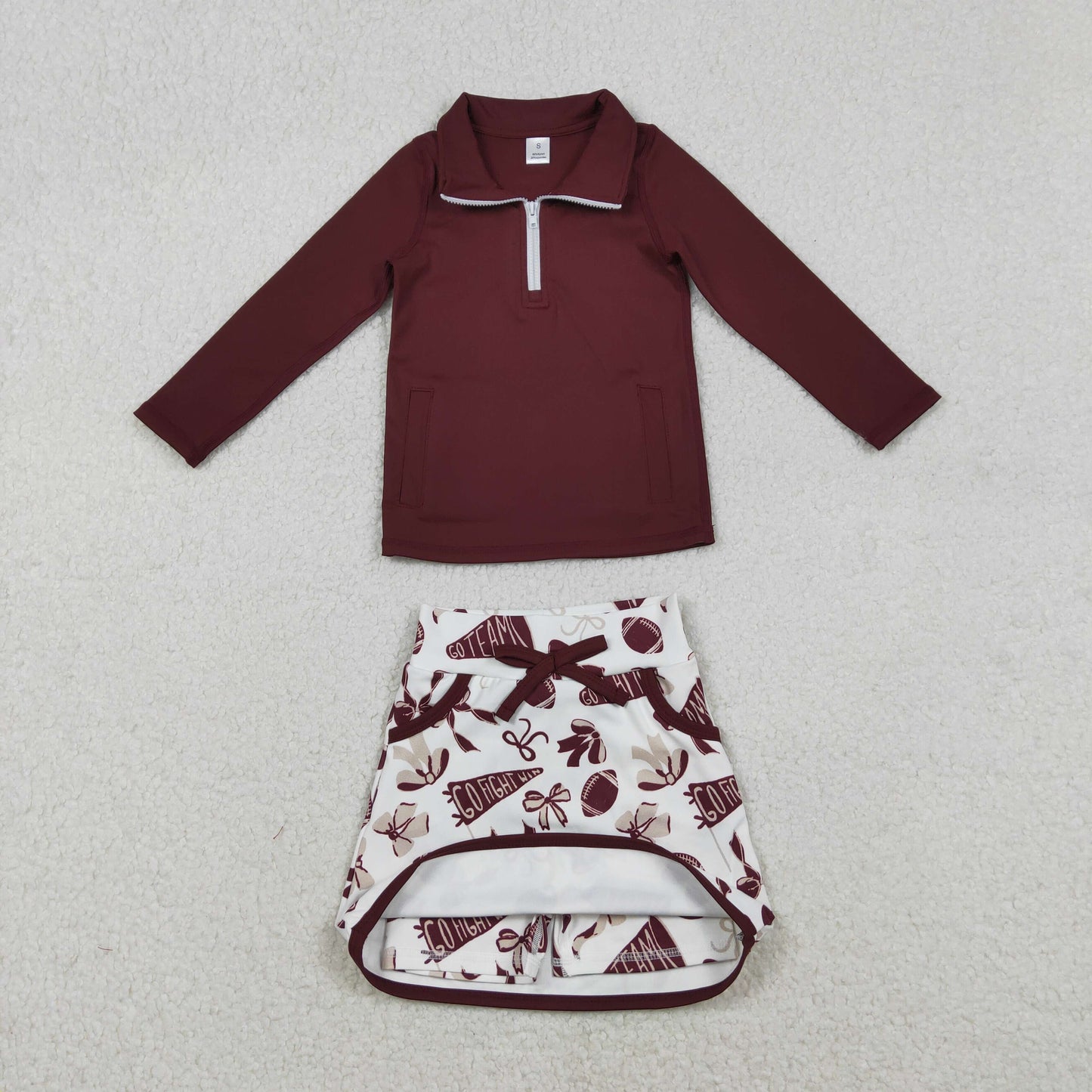 GLD1384 go fight cheer maroon zipper long sleeve skorts skirt girls set