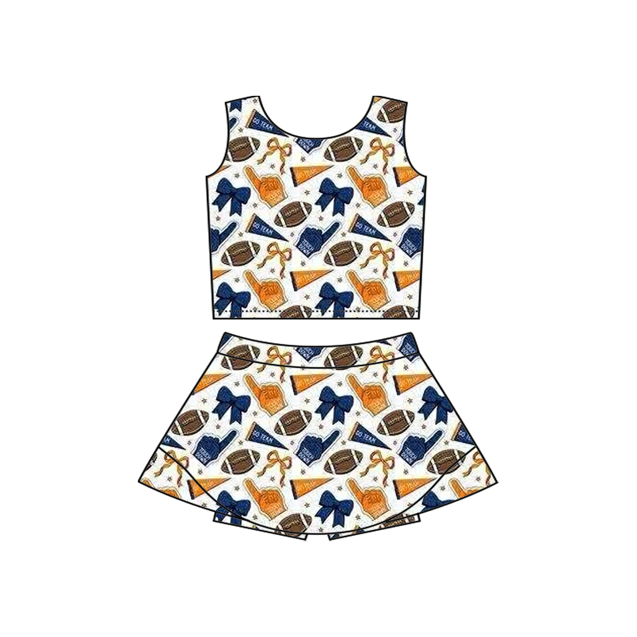 preorder football item cheer bows orange/blue sleeveless skorts girls set