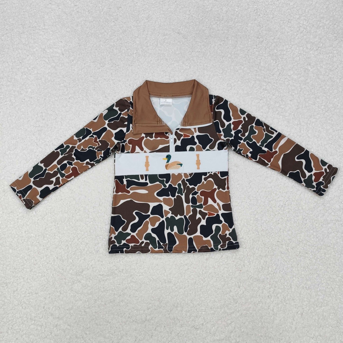 embroidery BT0903 duck call mallard dark green camo zipper long sleeve boys pullover