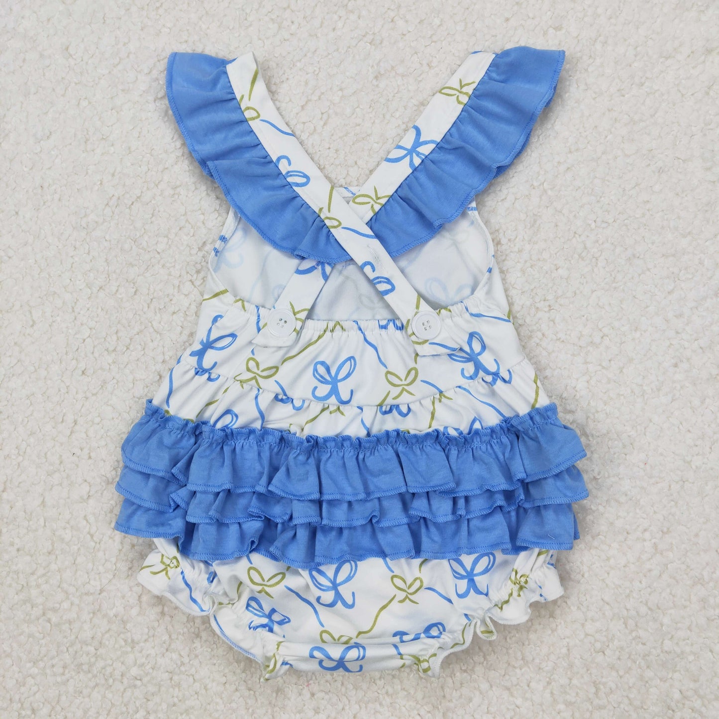 SR2720 blue bows pink bows with big bow flutter slevee girls romper
