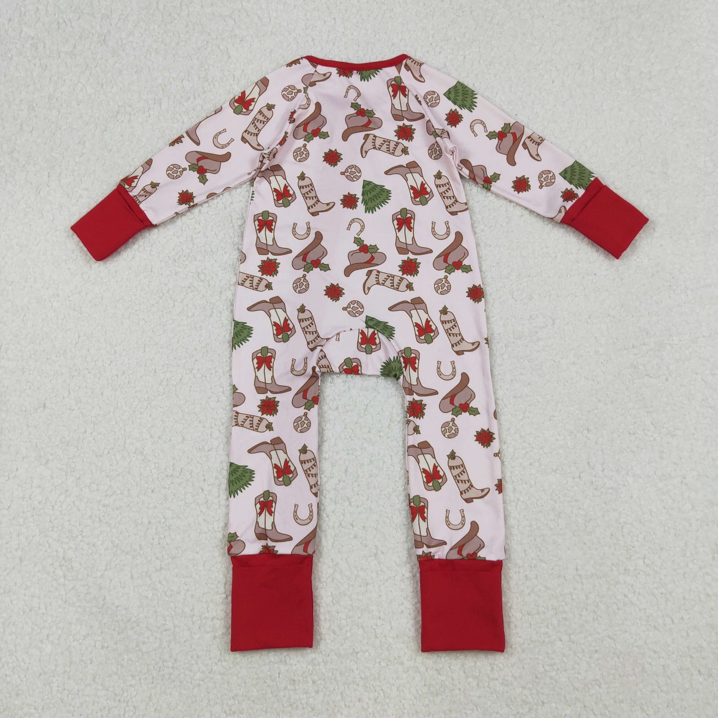 LR2584 Western Christmas boots tree pink red zipper long sleeve girls romper