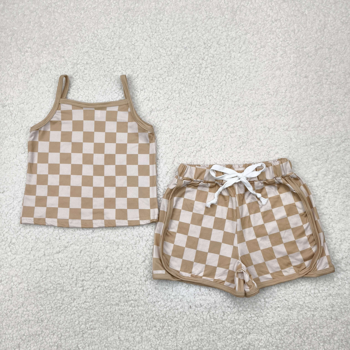 GSSO2335 brown checkered camisole shorts girls set