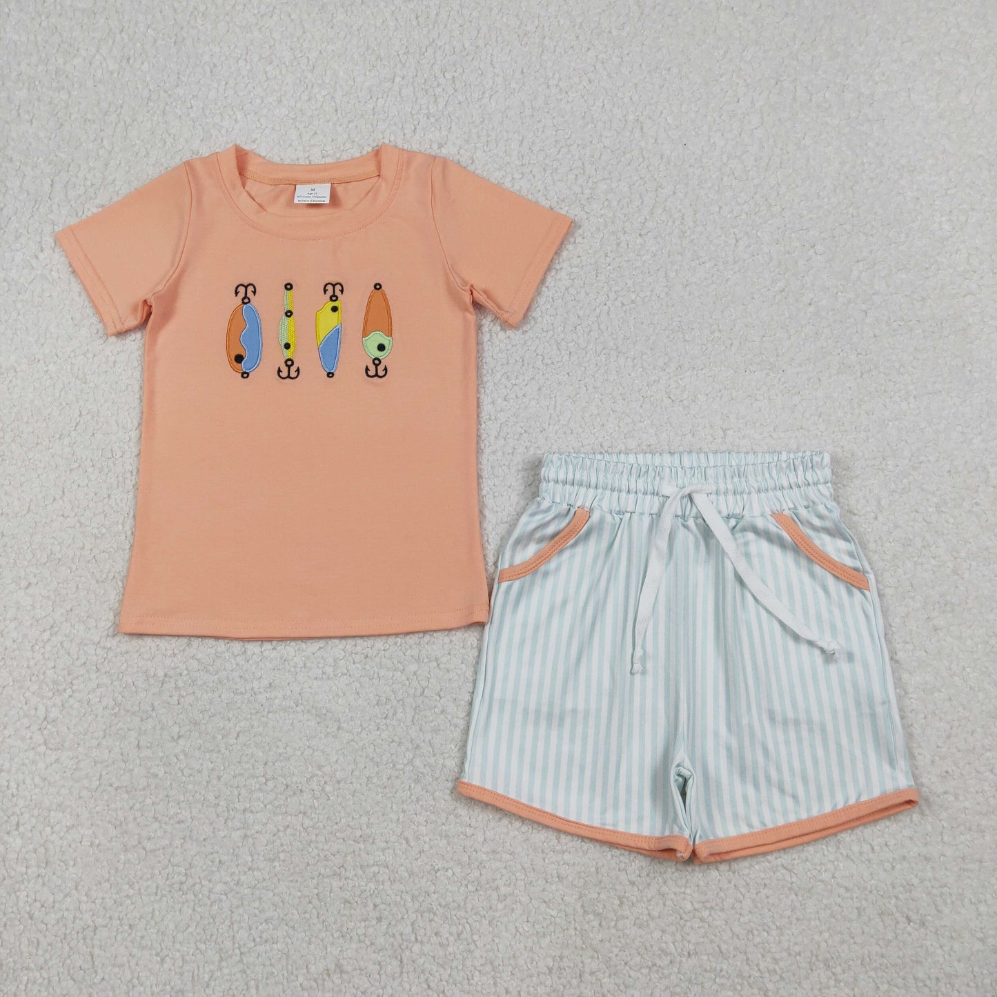 Embroidery BSSO1606 Fishing short sleeve blue striped shorts boys set
