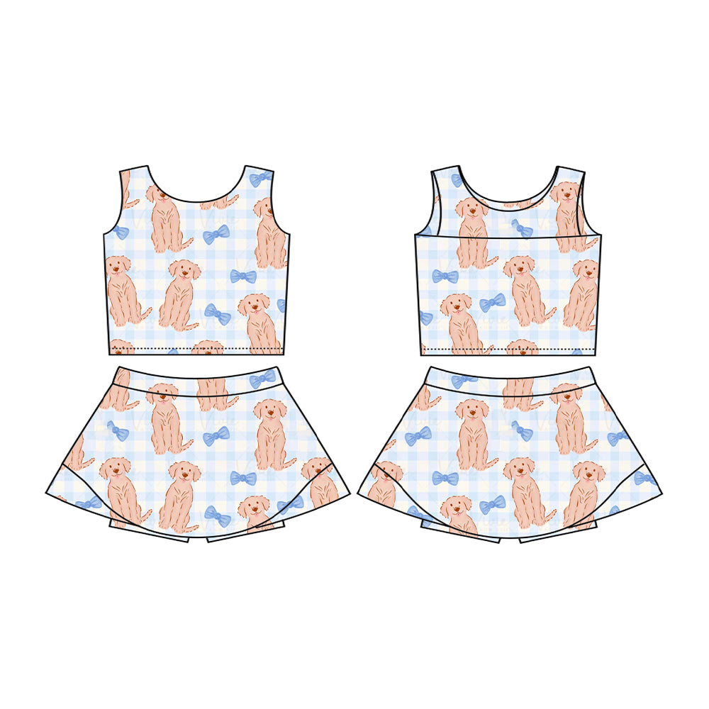preorder cute dog pet bows blue checkered sleeveless skirt with shorts girls set