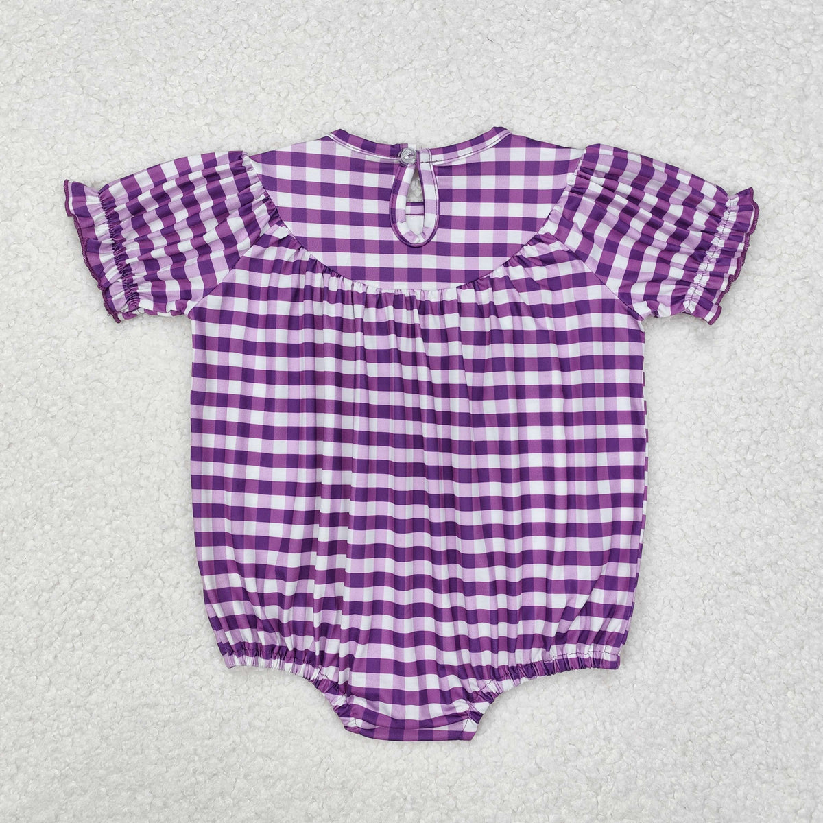 SR2060 smocked Mardi Gras crocodile crayfish purple checekred short sleeve girls romper