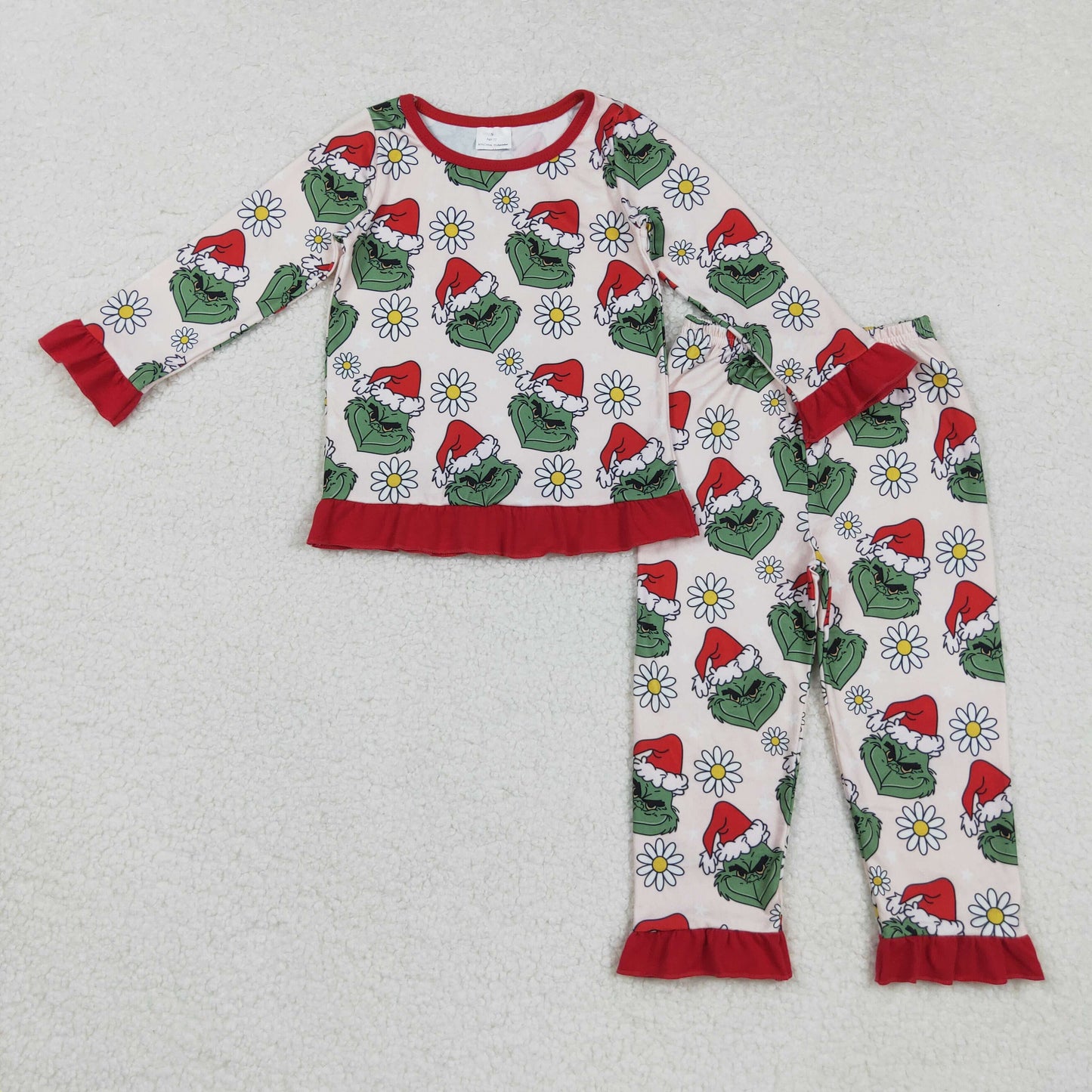 GLP2635 Christmas green face flowers red long sleeve pants girls pajamas