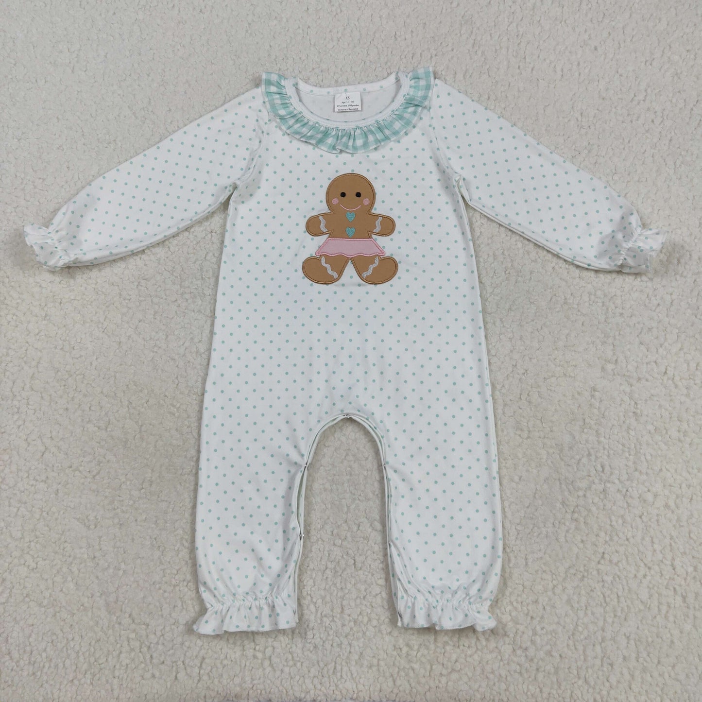 embroidery LR2341 Christmas gingerbread man green dot long sleeve girls romper