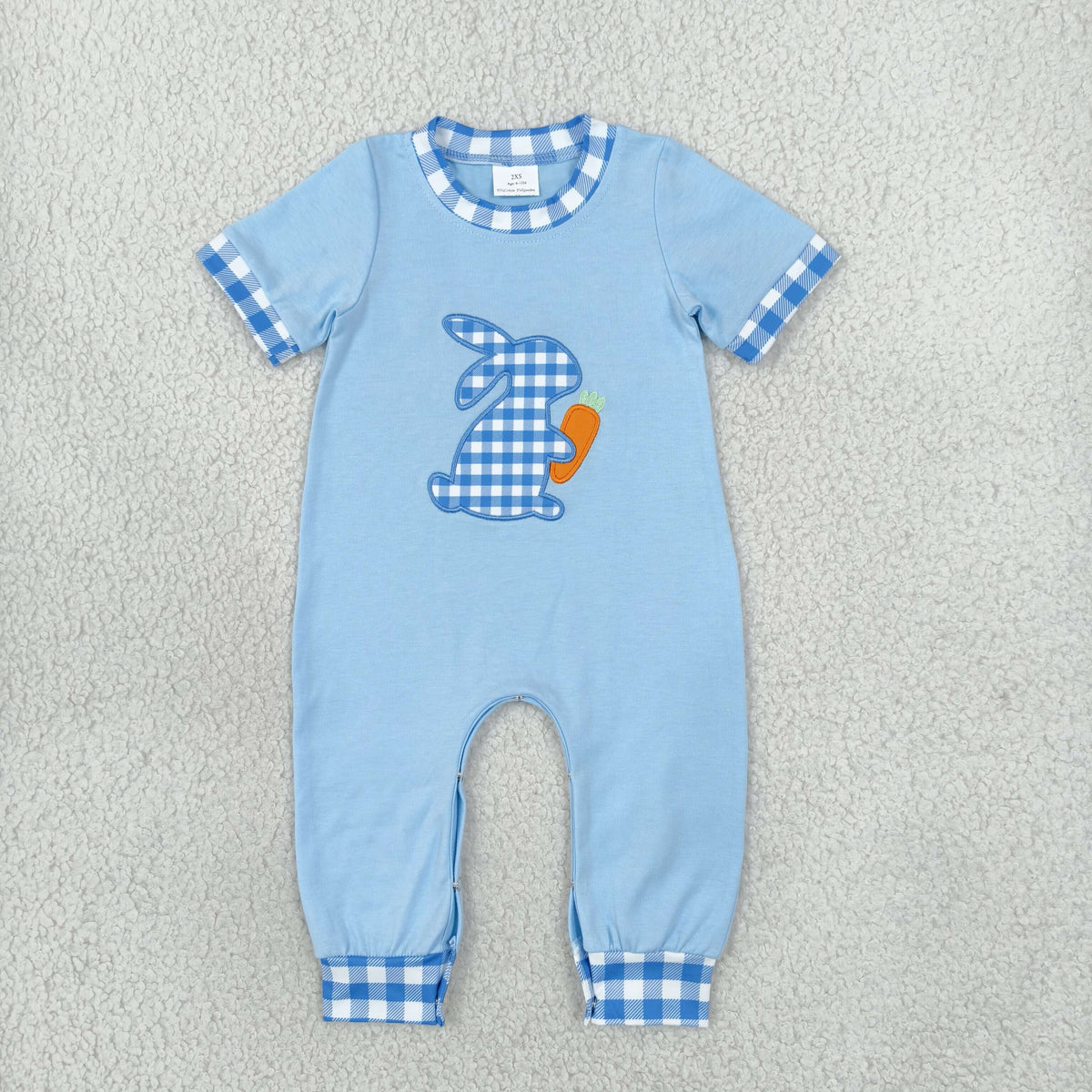 Embroidery SR4297 Easter Rabbit Carrot Blue Short Sleeve Boys Romper