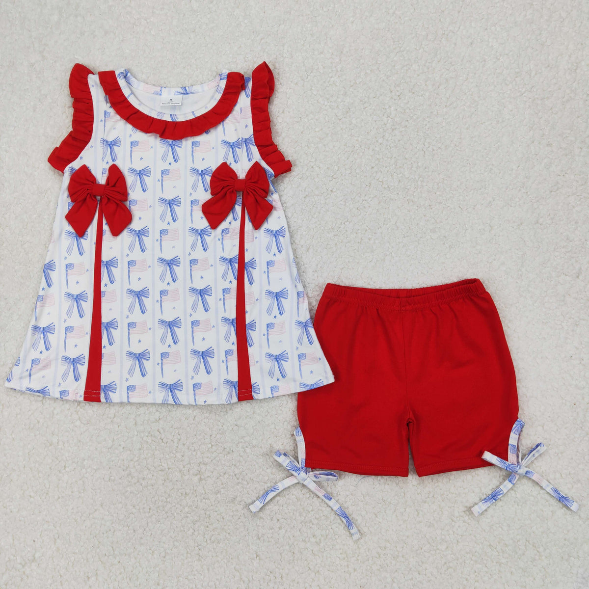 GSSO2373 blue bows with bows sleeveless red shorts girls set