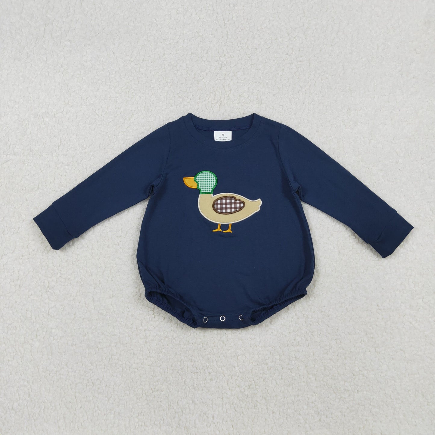 embroidery LR2436 cute mallard duck navy blue long sleeve girls romper