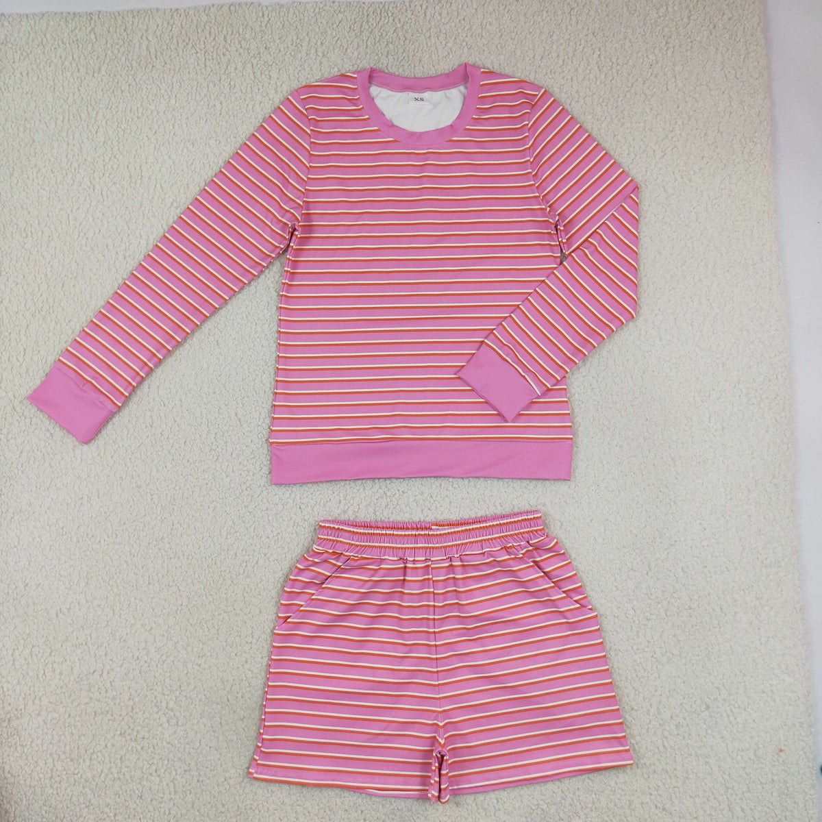 GLS0139 Yoga Pink Striped Long Sleeve Shorts Adult Women Set