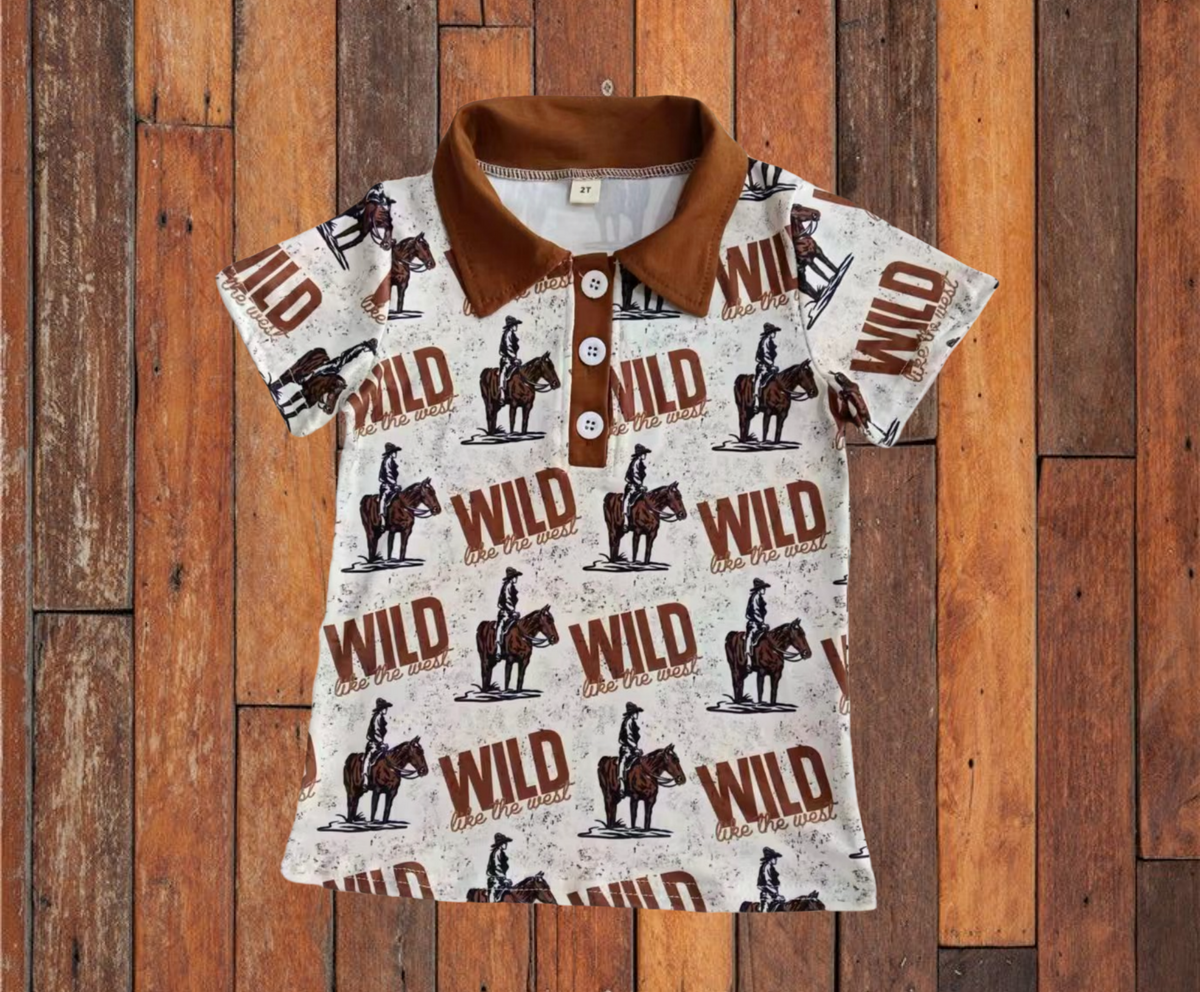 custom moq 3 Western wild rodeo brown short sleeve boys top