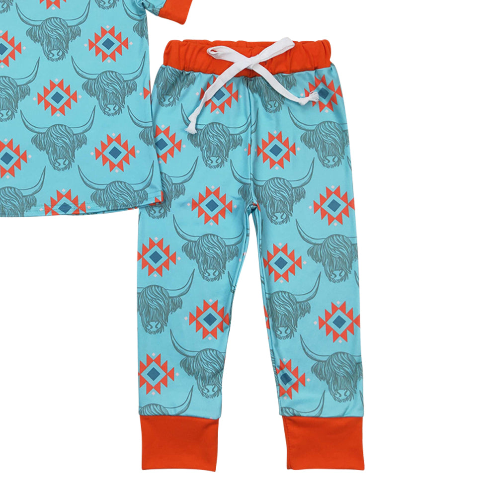 BSPO0328 Western Aztec highland cow short sleeve pants boys pajamas