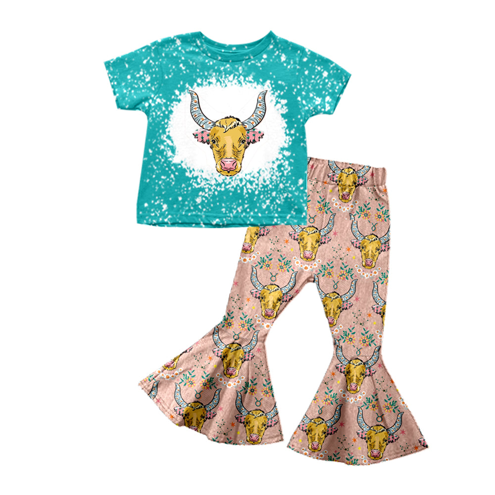 preorder GSPO1142 Western cow blue short sleeve flowers pink pants girls set