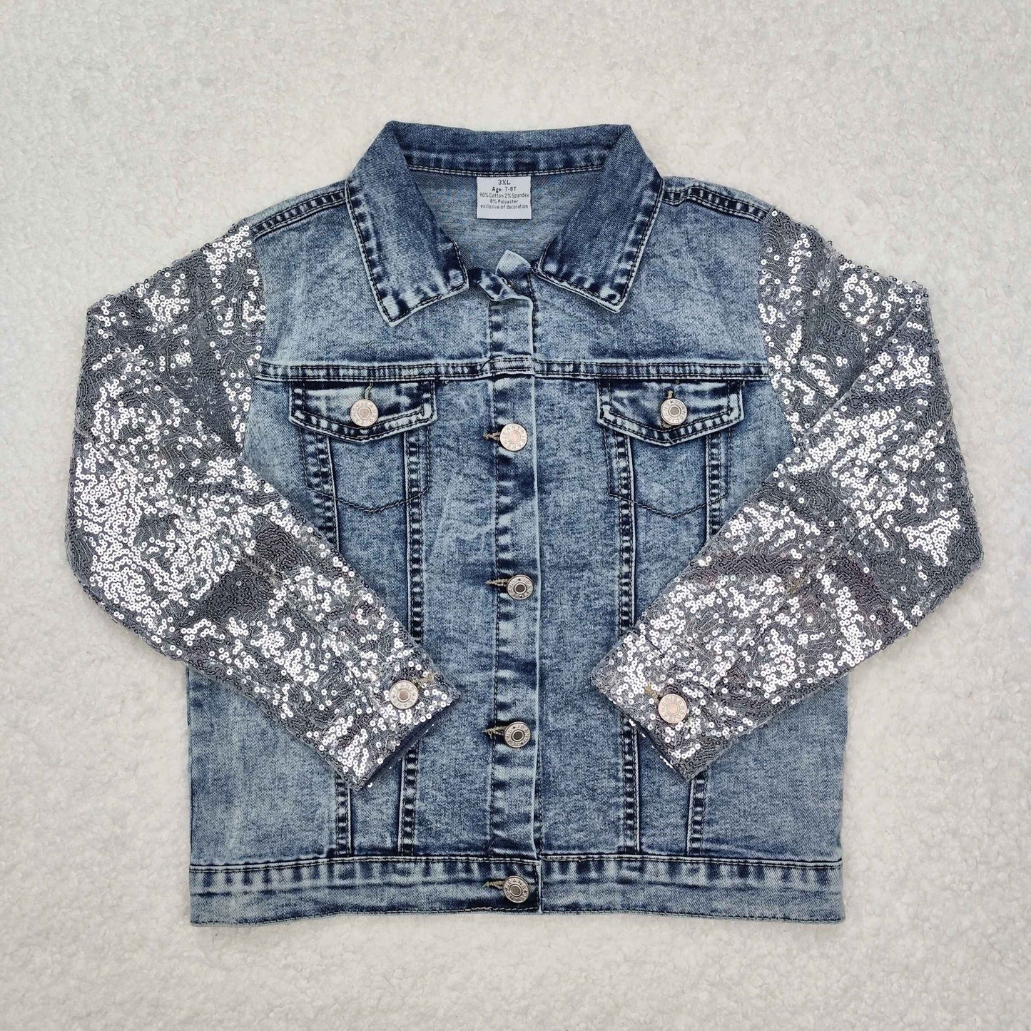 GT0148 Silver Sequin Long Sleeve Denim Jacket