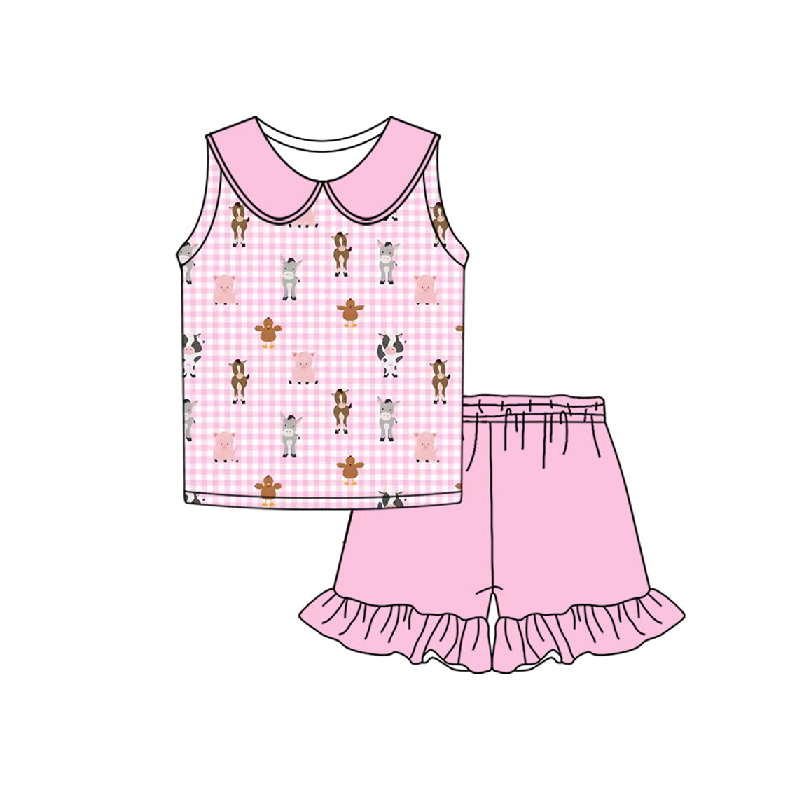 custom (moq 5)Baby Girls Farm Pink Checkered Cows Shirt Ruffle Shorts Clothes Sets