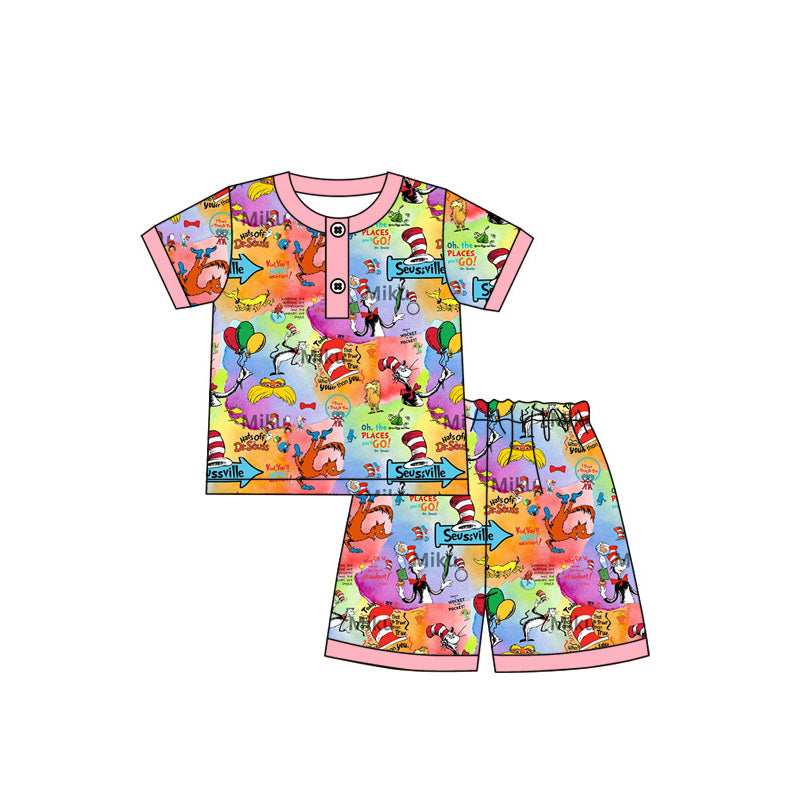 MOQ 3 Custom Cartoon Dr Hot Pink Short Sleeve Shorts Girls Pajamas