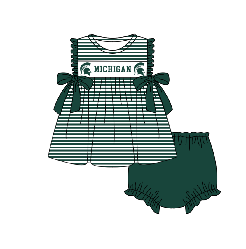 Custom Moq 3 Football Item Michigan Green Bows Sleeveless Girls Bummies Set