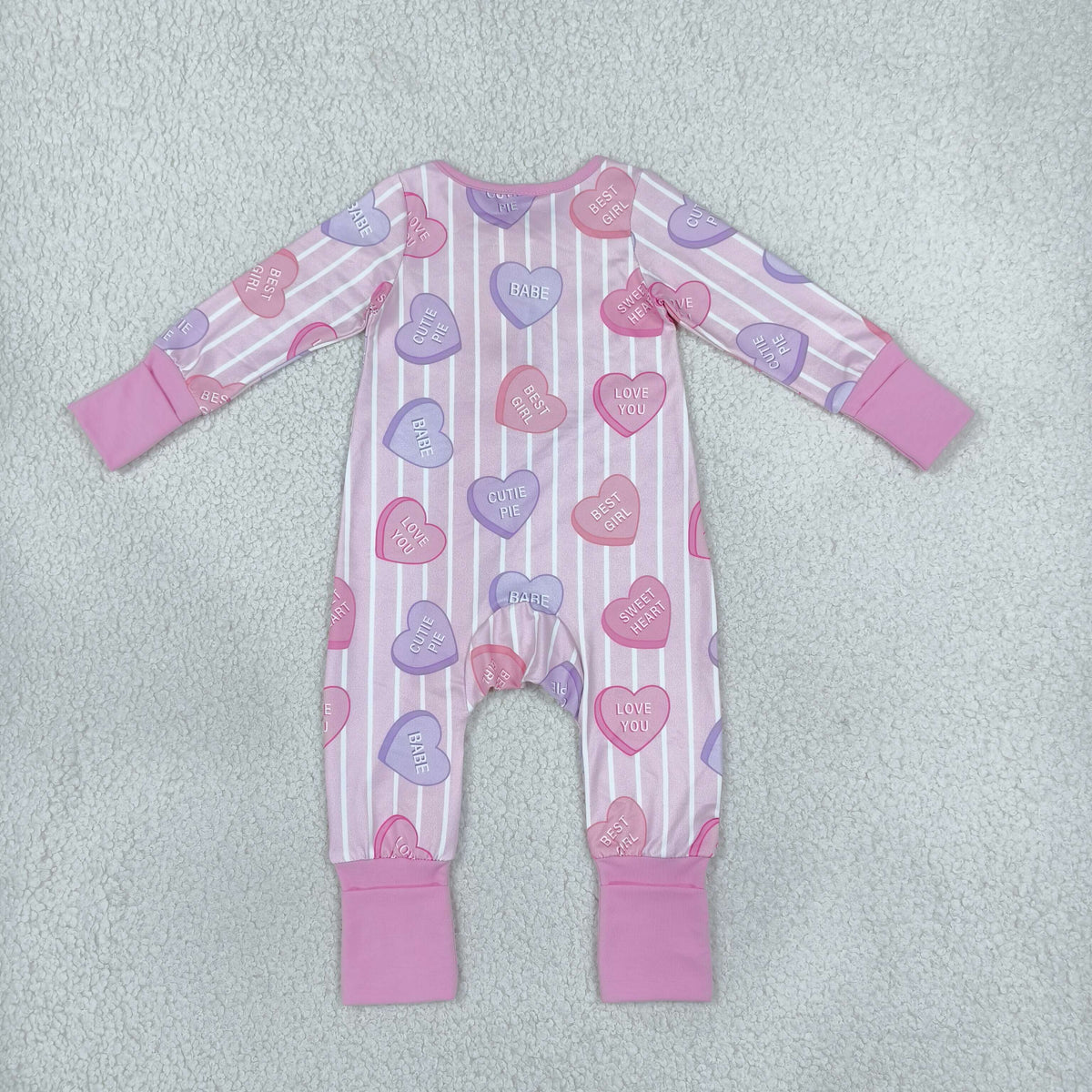 LR3325 Valentine's Day Heart Pink Striped Zipper Long Sleeve Girls Romper