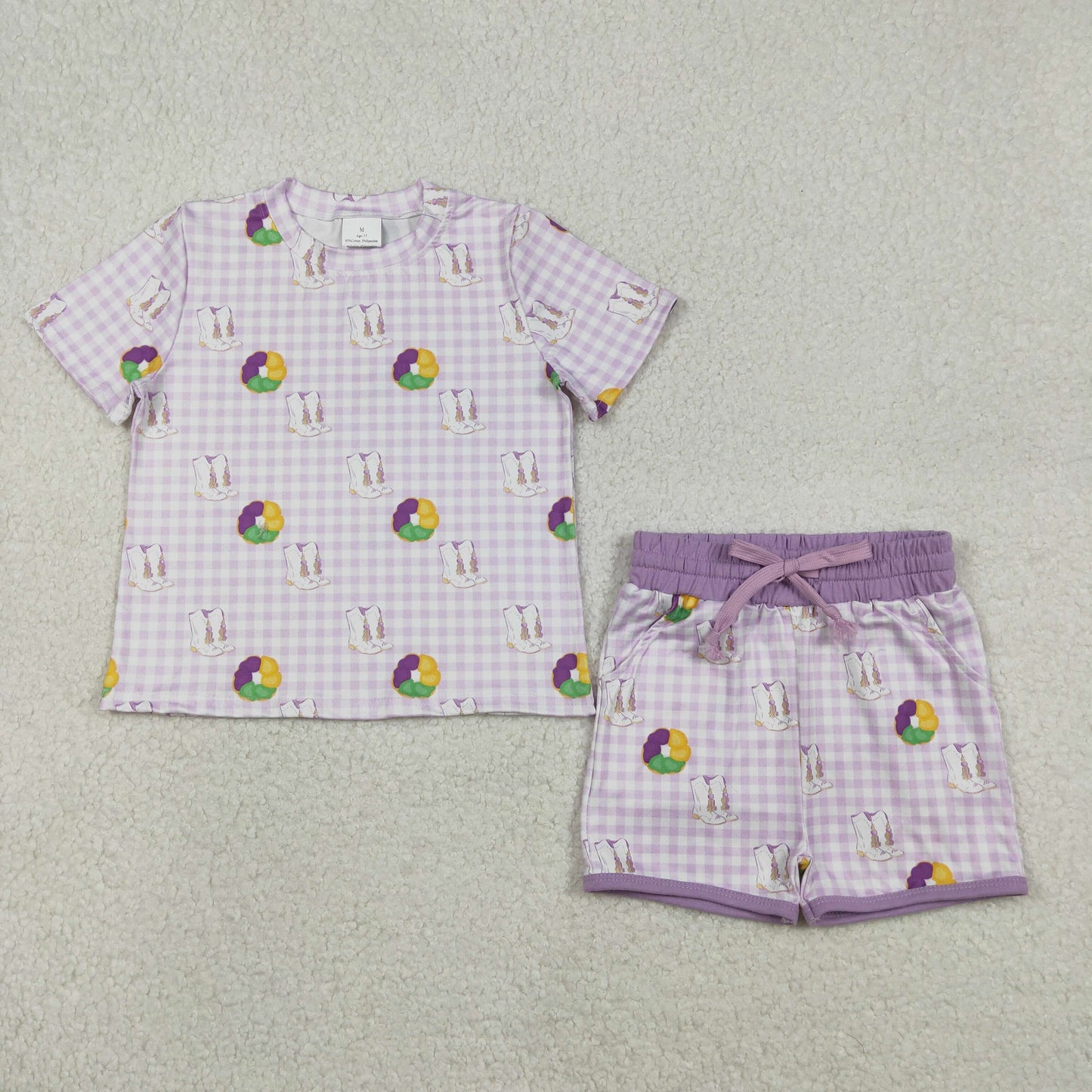 GSSO2740 Mardi Gras dount purple checkered short sleeve shorts girls set