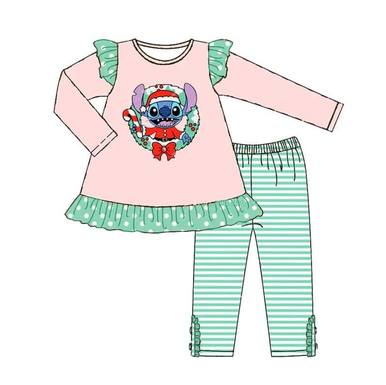 preorder Christams cartoon animals cane candy pink long sleeve green striped pants girls set