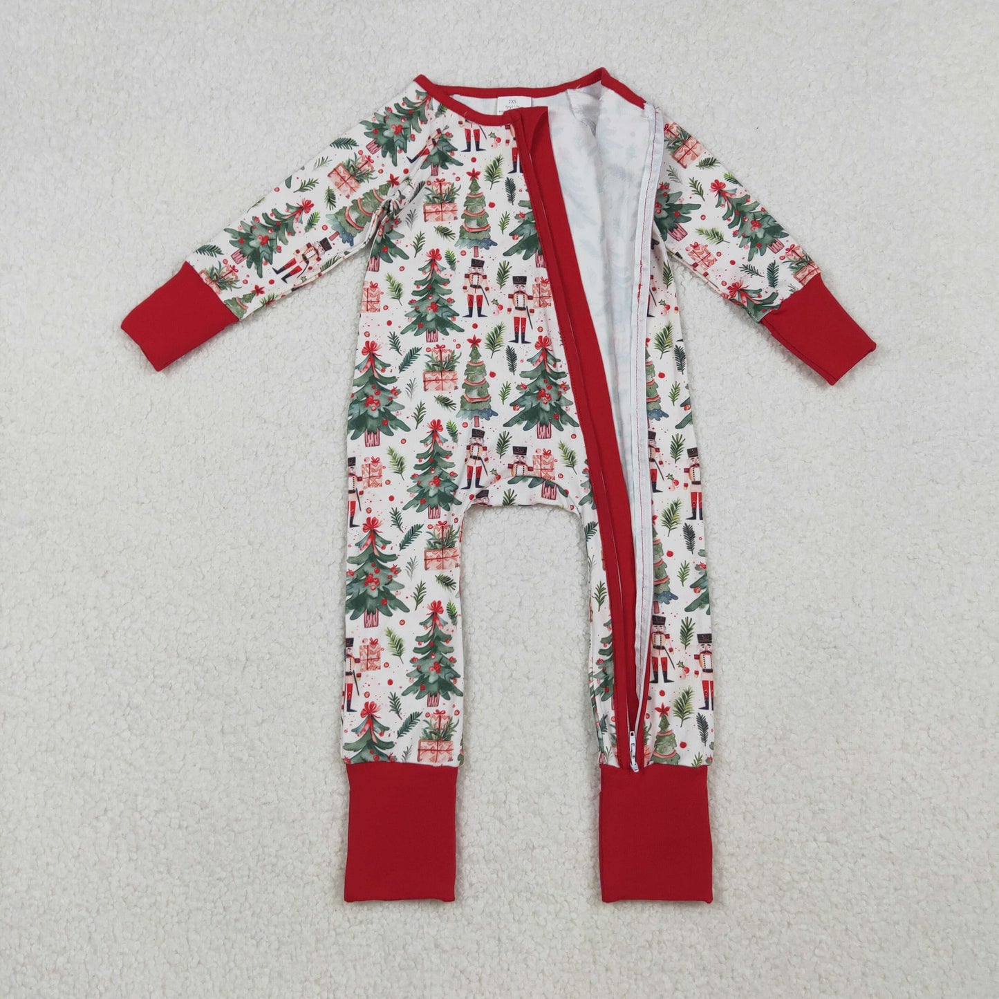 LR2507 Christmas soldier tree gift long sleeve zipper girls romper