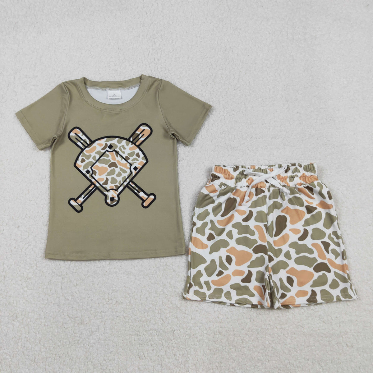 BSSO1591 hunting baseball camo short sleeve camo shorts boys set