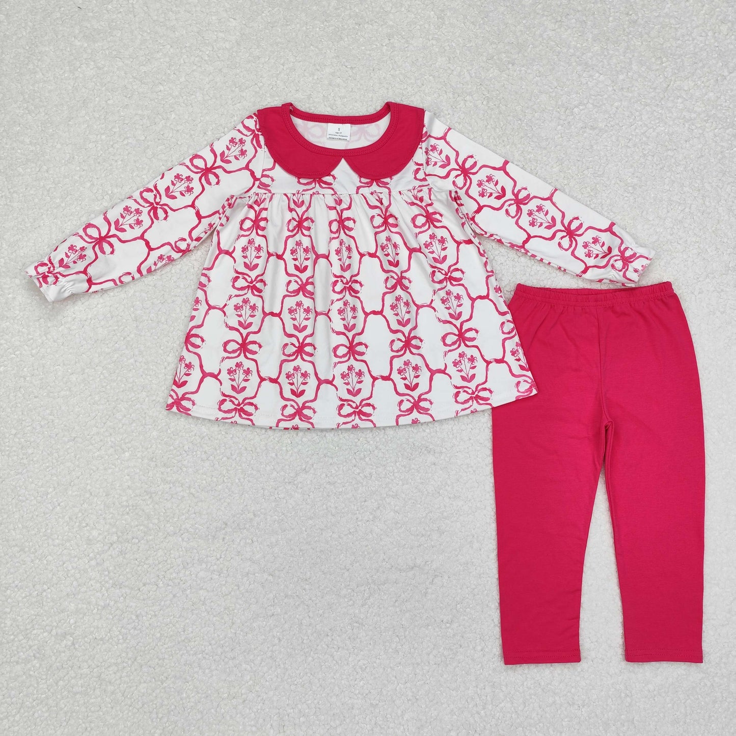 GLP1623 hot pink flowers bows long sleeve hot pink pants girls set