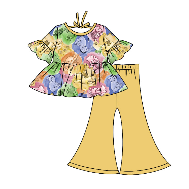 custom Cartoon bear yellow short sleeve pants girls set