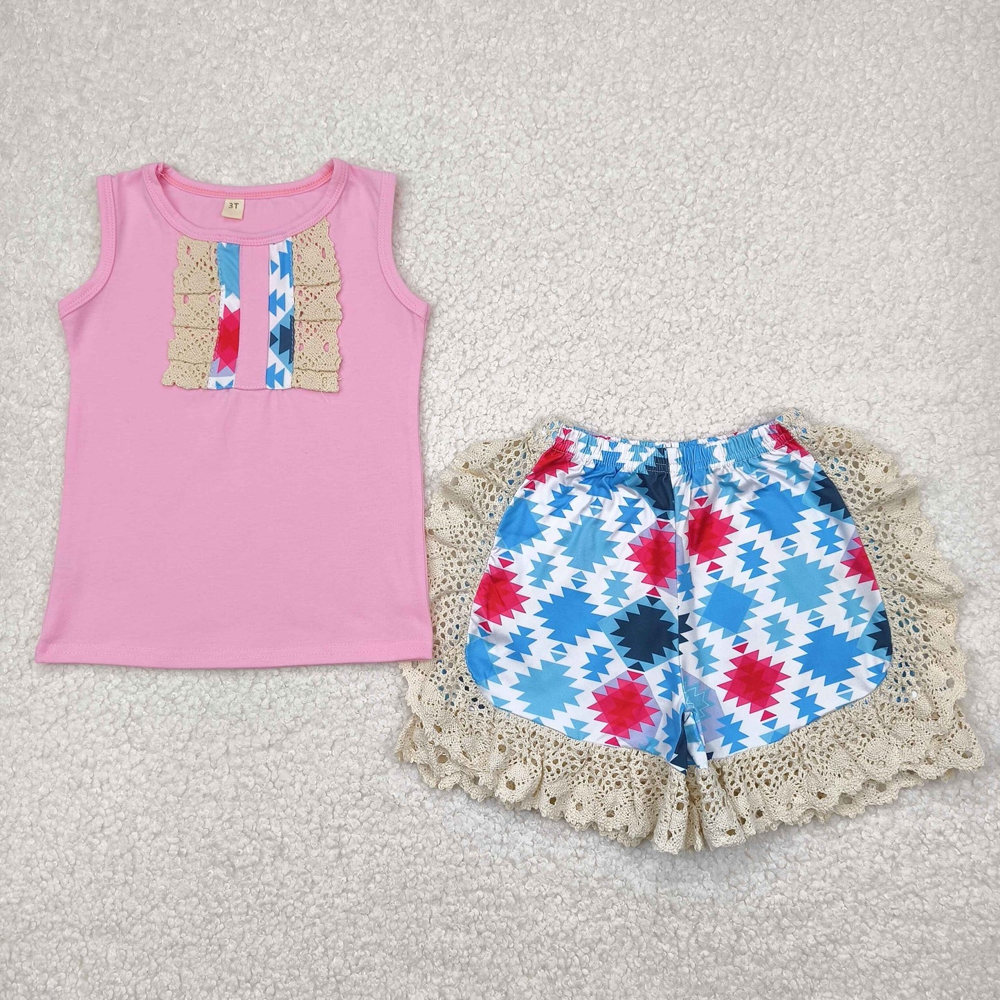 C7-5-1 Western pink sleeveless blue aztec shorts girls set