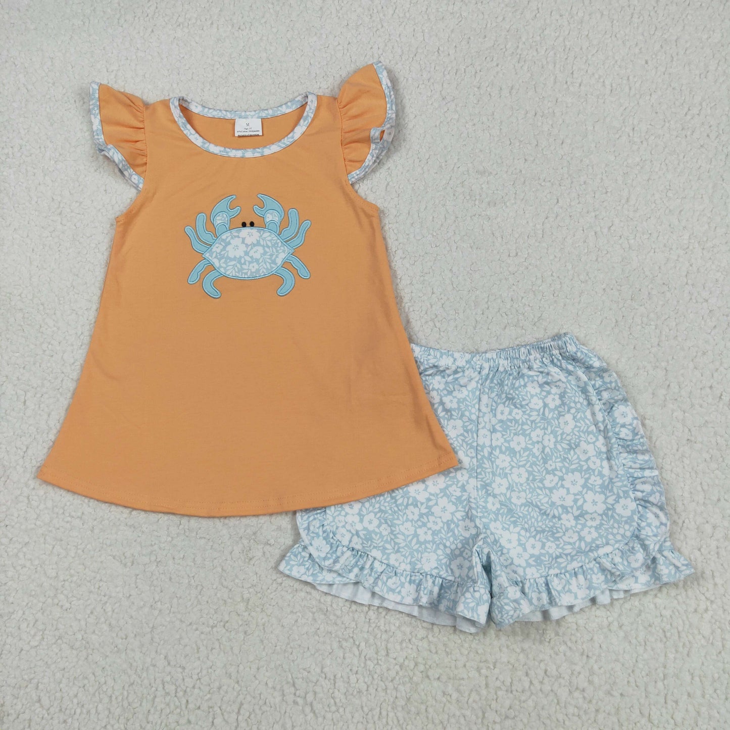 embroidery GSSO2555 blue flowers crab orange flutter sleeve blue flowers shorts girls set